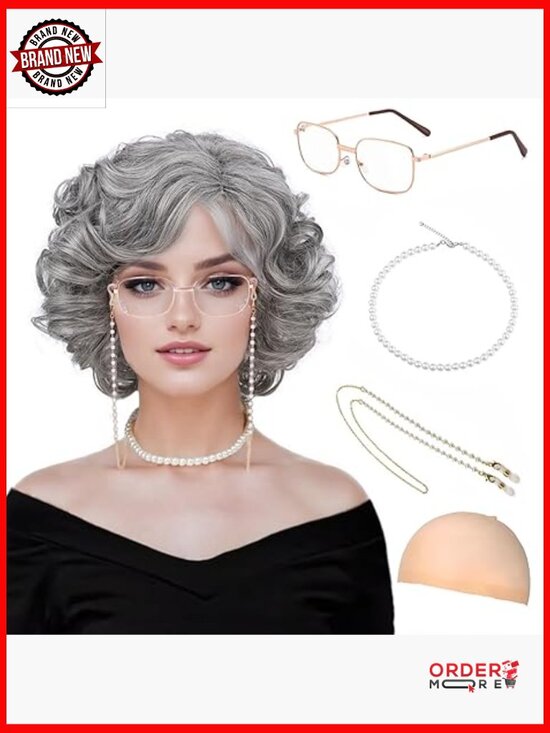 Synthetic Old Lady Wig Set with Glasses and Necklace for Costume main image 4
